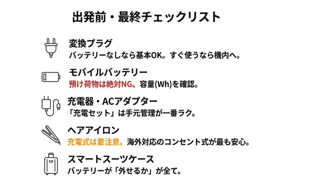 出発前の最終確認リスト。変換プラグ、モバイルバッテリー、充電器、ヘアアイロン、スマートスーツケースそれぞれの対応方針まとめ。