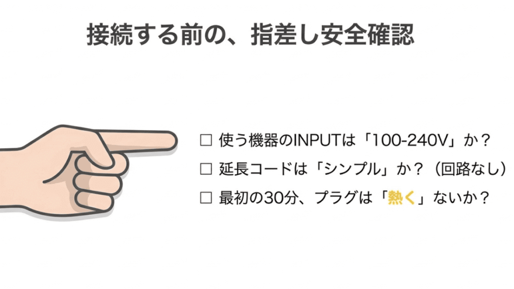 コンセントに接続する前の確認事項：INPUT電圧、コードの構造、発熱確認を指差し確認しているイラスト
