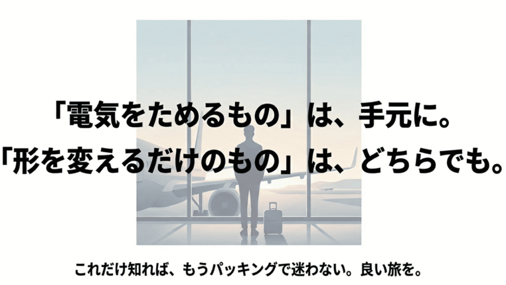 「電気をためるものは手元に。形を変えるだけのものはどちらでも。」というパッキングの基本原則を示したスライド。