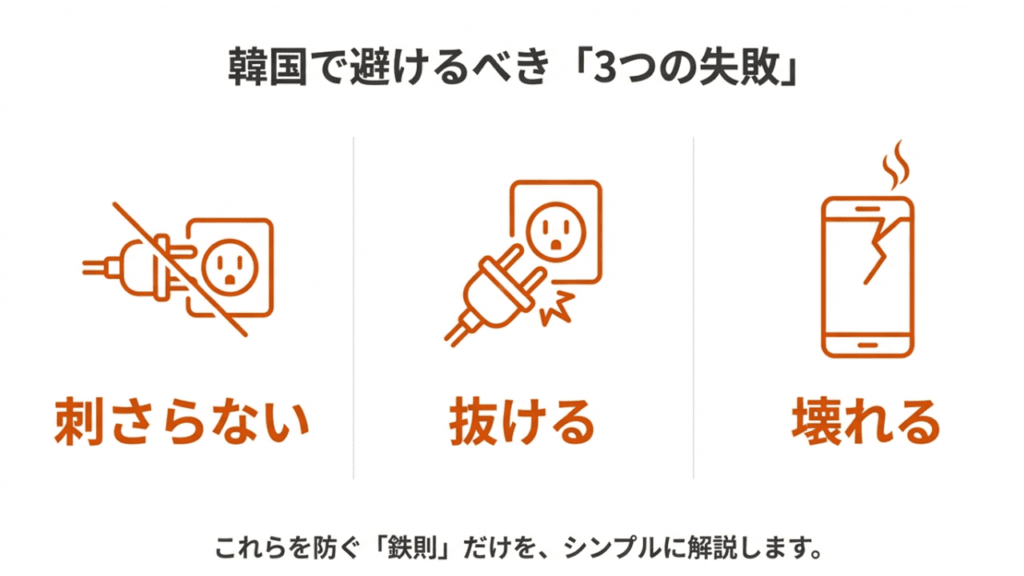 韓国旅行で避けるべき3つの失敗。「刺さらない・抜ける」というプラグのイラストと、「壊れる」というスマホから煙が出ているイラスト。