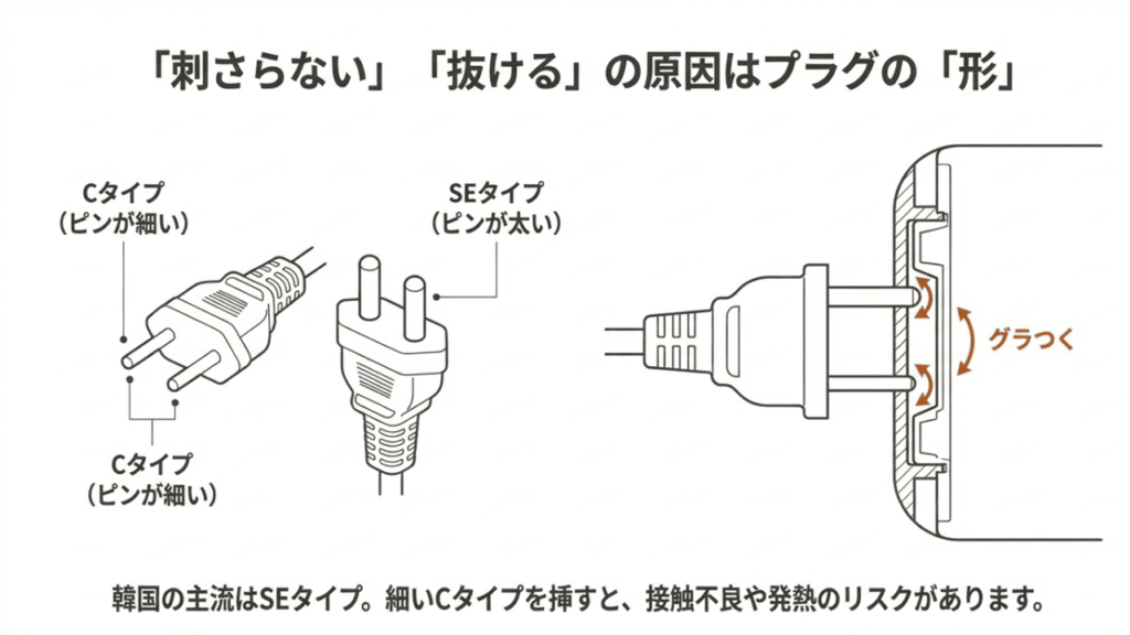 プラグのピンが細いCタイプと、ピンが太いSEタイプの比較図。Cタイプを韓国のコンセントに挿すとグラついて接触不良になる仕組みの解説図。