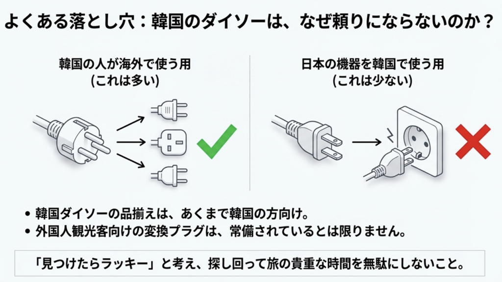 韓国のダイソーには韓国人が海外で使うためのプラグはあっても、日本人が韓国で使うプラグはないことが多いという図解