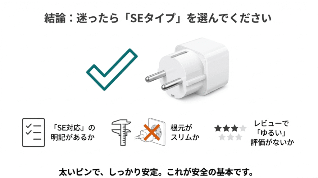 結論「迷ったらSEタイプを選んでください」。選ぶ基準として、SE対応の明記、根元のスリムさ、レビュー確認の3点を挙げているスライド。