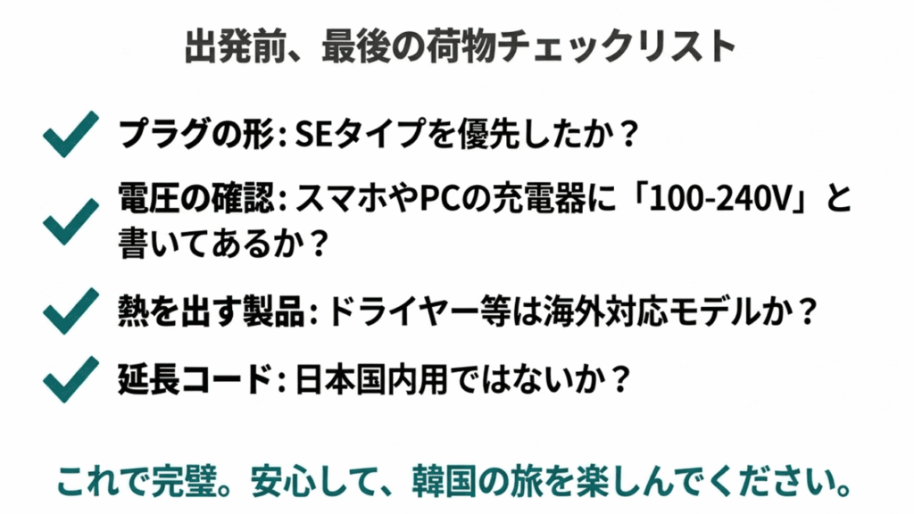 出発前の荷物チェックリスト。プラグはSEタイプか、電圧は100-240Vか、ドライヤーは海外対応か、延長コードは適正かを確認する項目一覧。