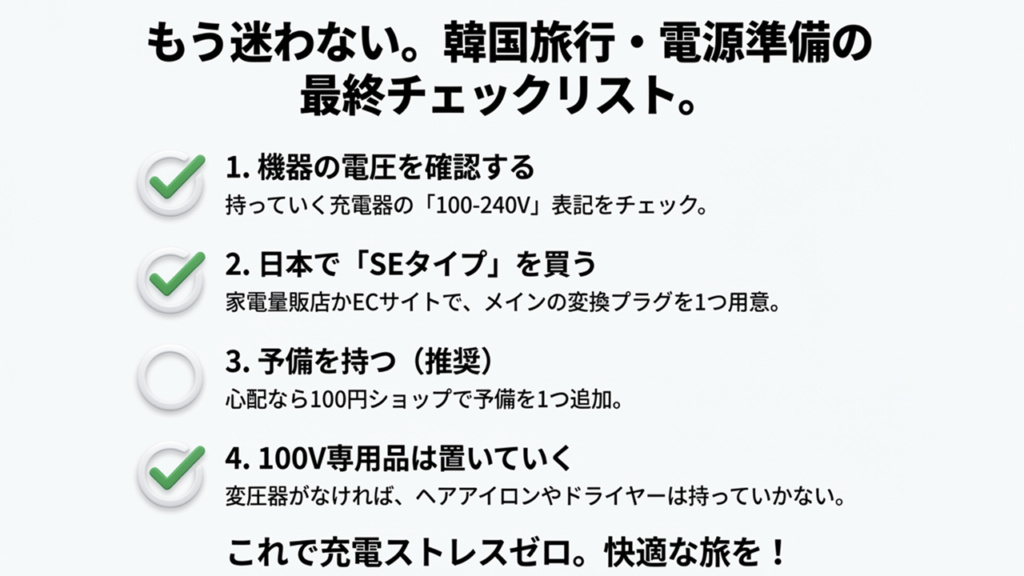 電圧確認、SEタイプ購入、予備の準備、100V専用品への注意をまとめた最終チェックリスト