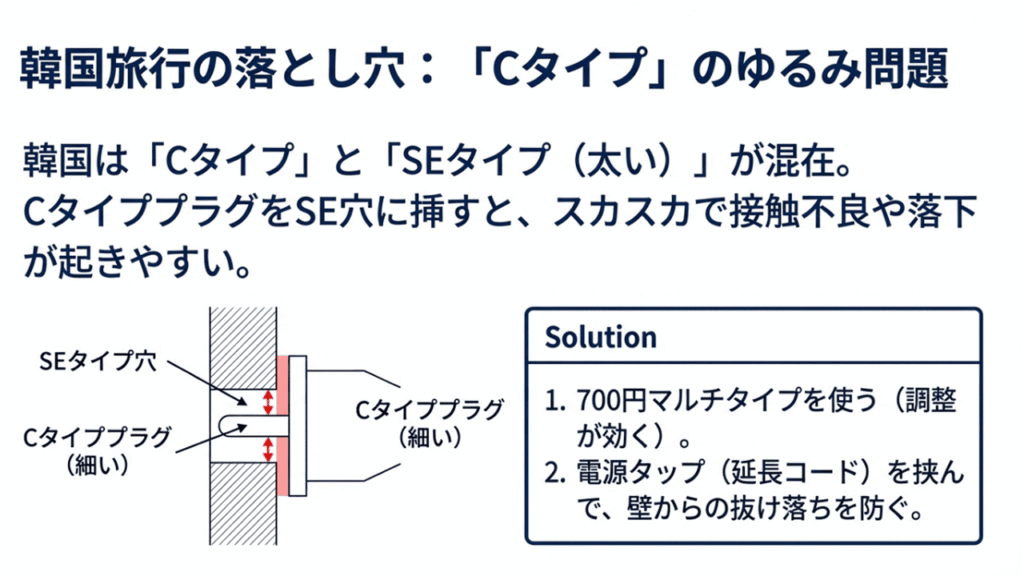 韓国のSEタイプ穴に細いCタイププラグを挿すと隙間ができる様子と、電源タップでの解決策を示す図。