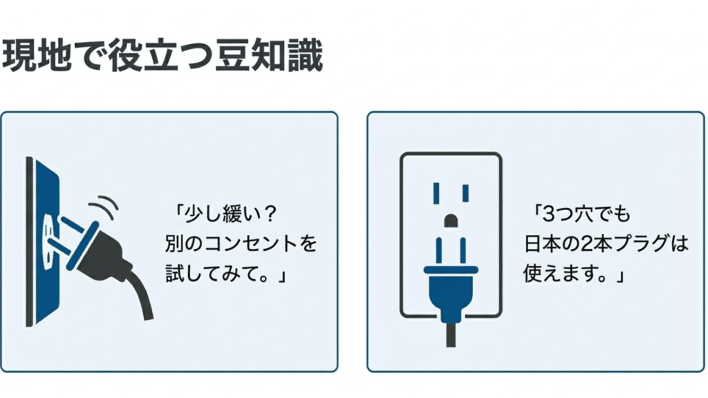 コンセントが緩い時の対処法と、3つ穴コンセントでも日本の2本プラグがそのまま使えることを示すイラスト。