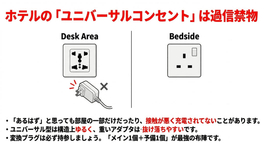 デスクにはユニバーサル型があっても、ベッドサイドにはBFタイプしかないホテルのコンセント配置例。