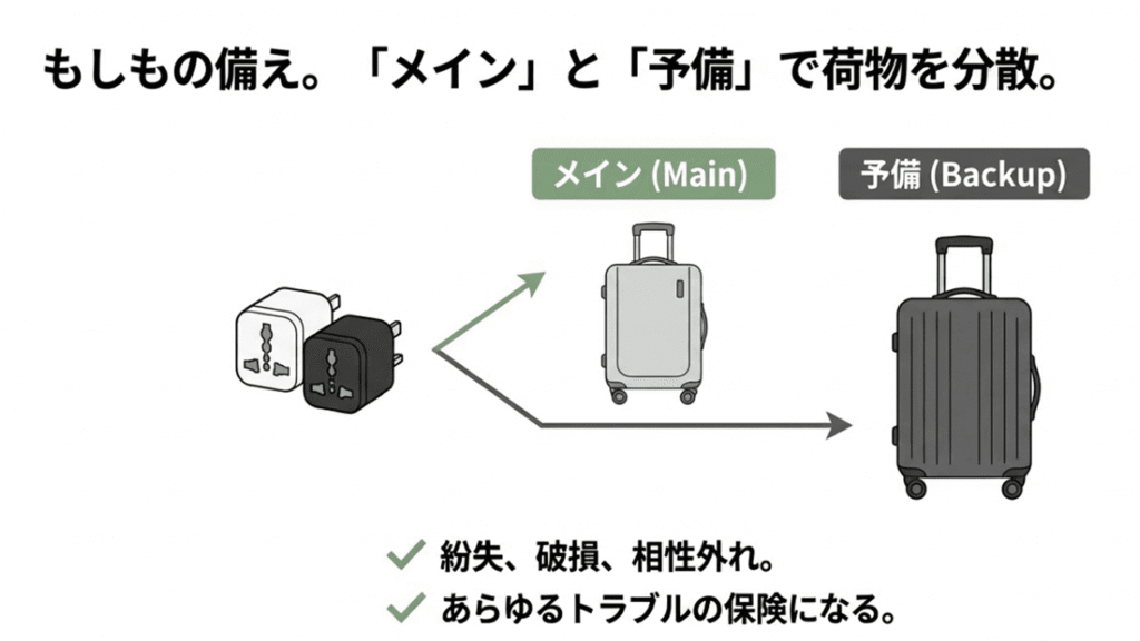変換プラグを機内持ち込みのメインとスーツケースの予備に分けることで、紛失や破損に備える考え方