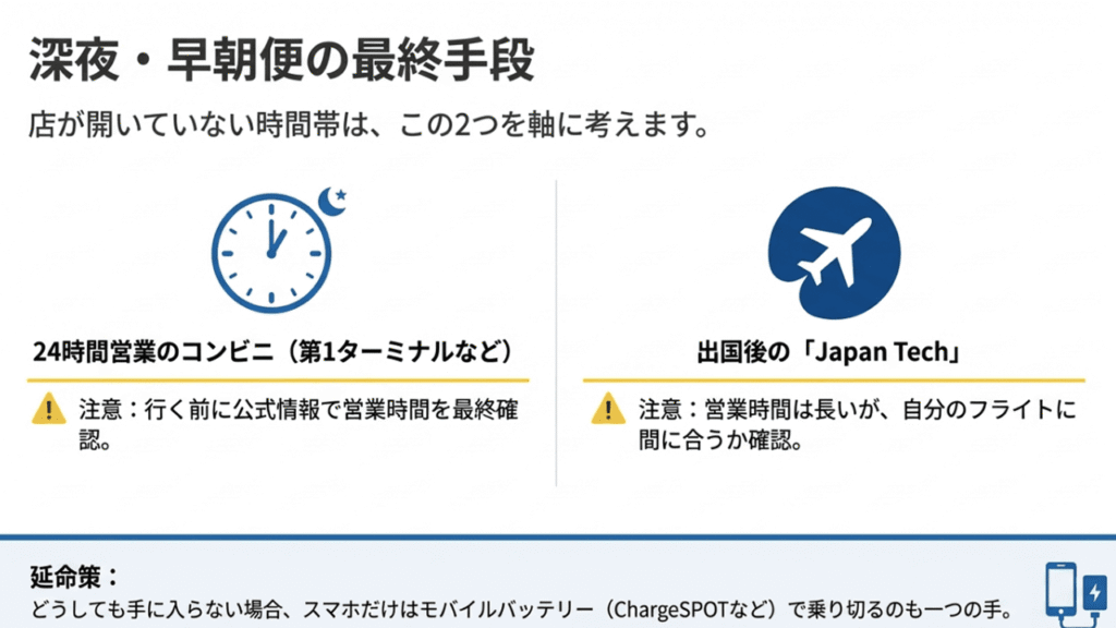 24時間営業コンビニ、出国後店舗、スマホ延命策としてのモバイルバッテリーシェア（ChargeSPOT）の紹介