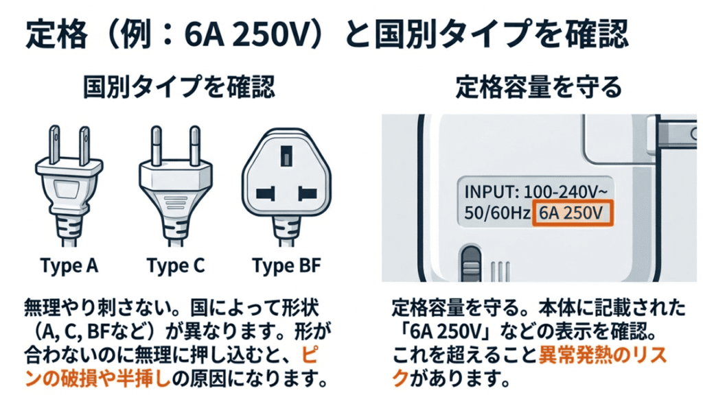 「6A 250V」などの定格容量の確認と、Type A・C・BFといった国ごとに異なるコンセント形状のバリエーション。