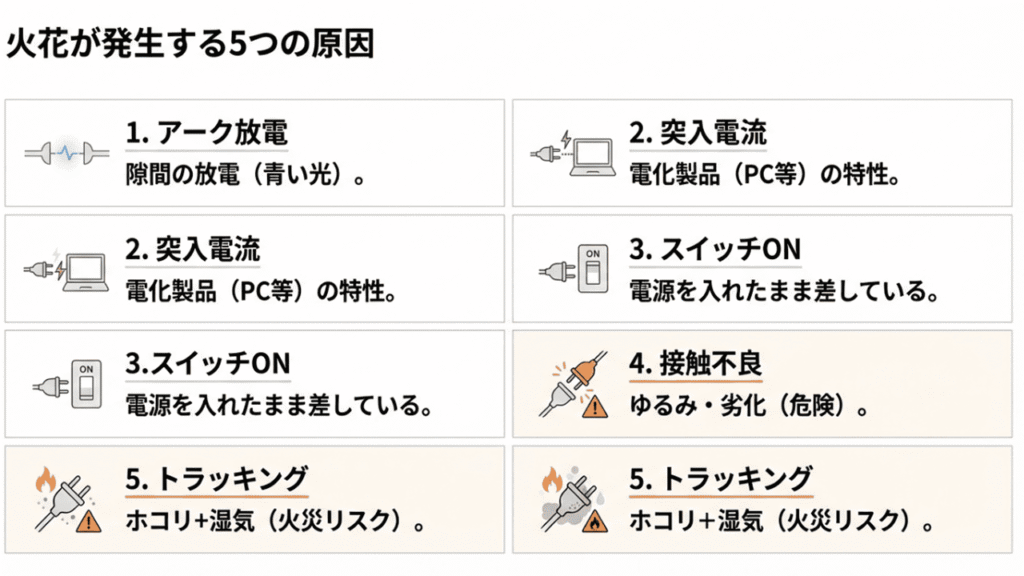 火花が出る5つの原因（アーク放電、突入電流、スイッチON接続、接触不良、トラッキング）を簡潔にまとめたリストスライド 。
