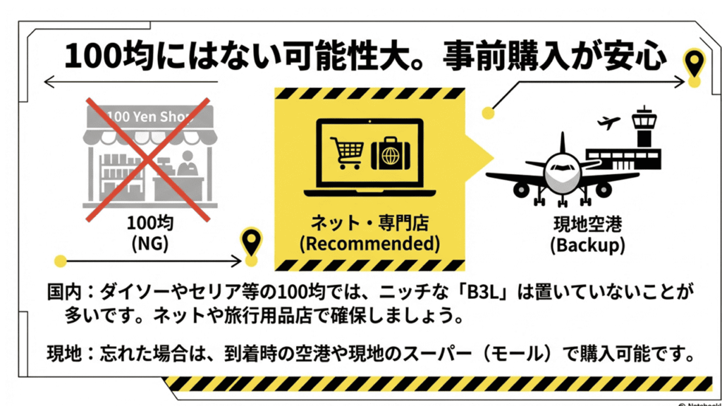 100均には在庫がない可能性が高いため、ネットや専門店での事前購入、または現地空港を推奨するガイド。