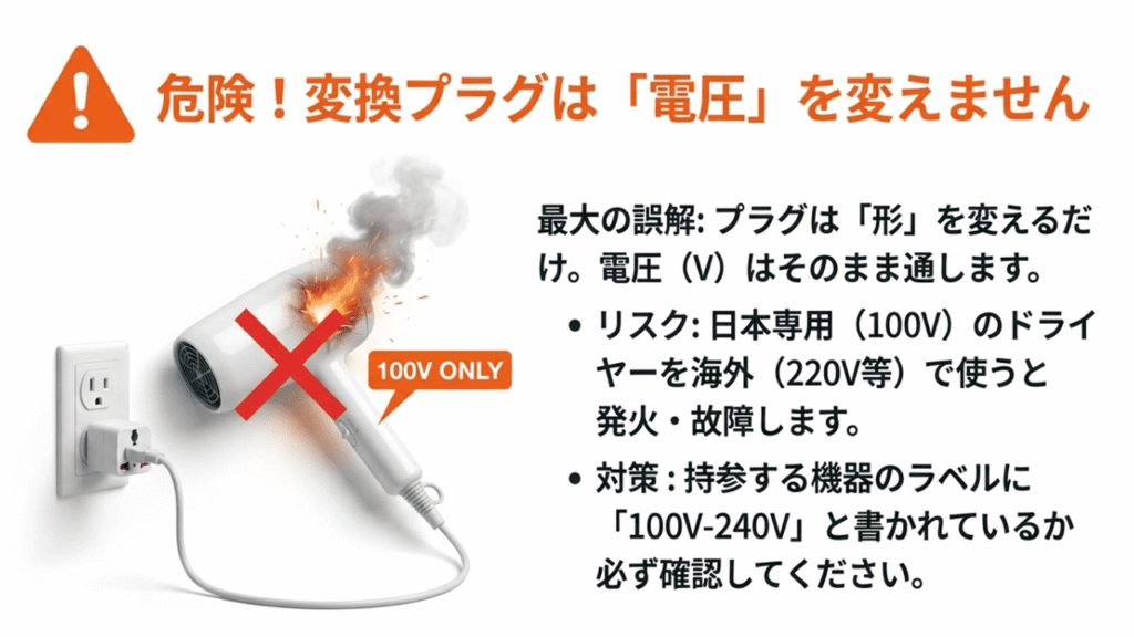 「100V ONLY」の警告と、変換プラグは形を変えるだけで電圧は変えないこと、機器の「100V-240V」対応確認の必要性を説明した図。