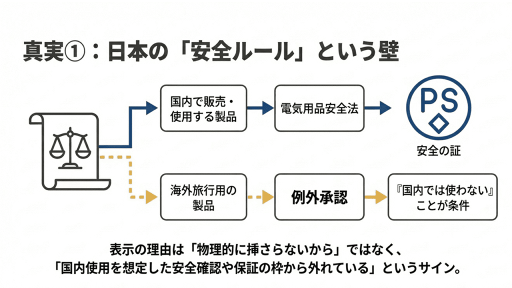 日本の安全ルールのフロー図。国内販売製品は「電気用品安全法（PSEマーク）」が必要だが、海外旅行用製品は「例外承認」により「国内では使わないこと」を条件に販売が認められている仕組みの解説。