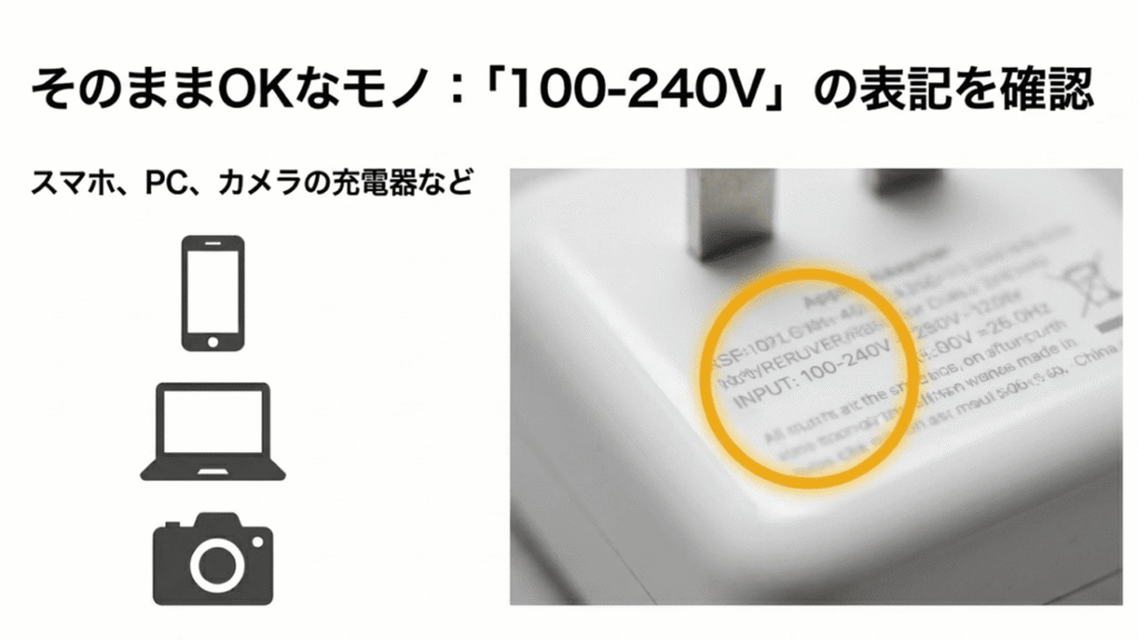 機器のラベルにある「INPUT: 100-240V」という文字の拡大イラスト。そのまま使える機器の判断基準を示している。