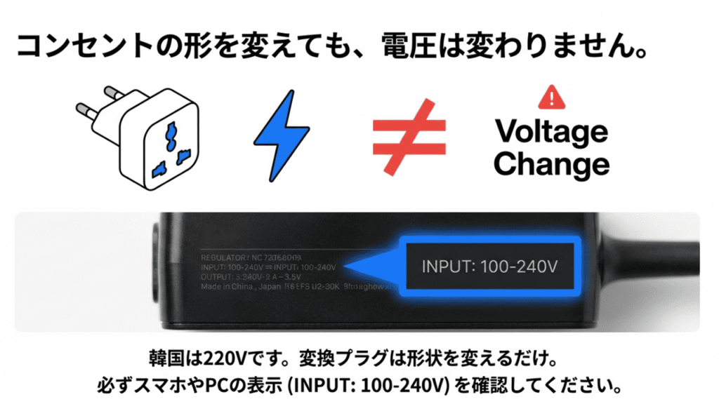 変換プラグは電圧を変えないことと、機器のINPUTラベル（100-240V）の確認方法を説明した画像。