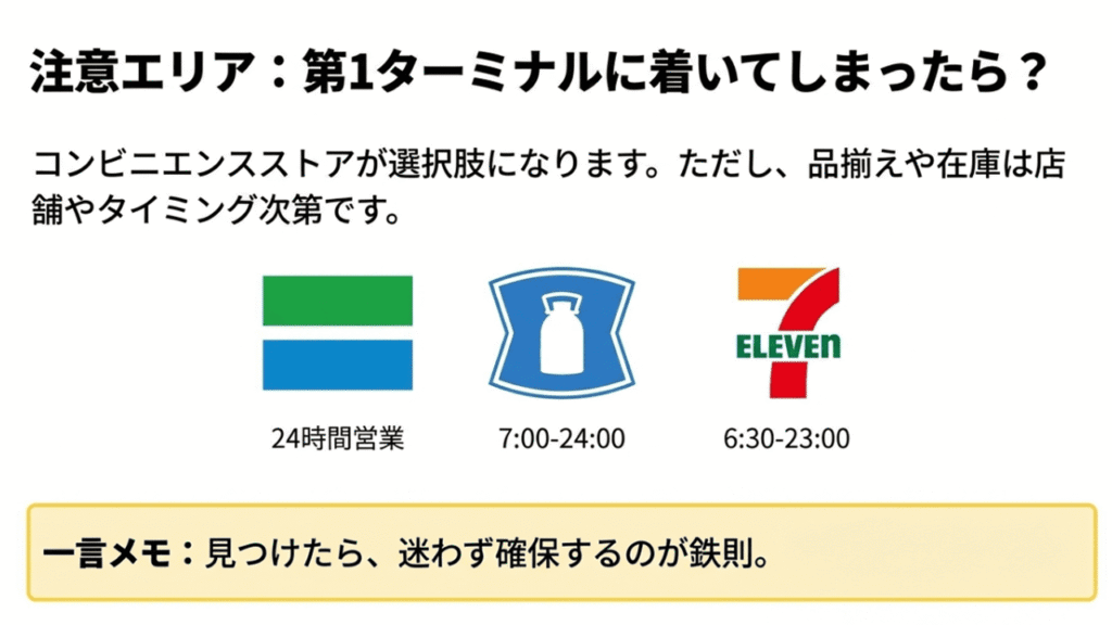 ローソン、ファミリーマート、セブンイレブンのロゴとそれぞれの営業時間、見つけたら即確保を推奨するメモ
