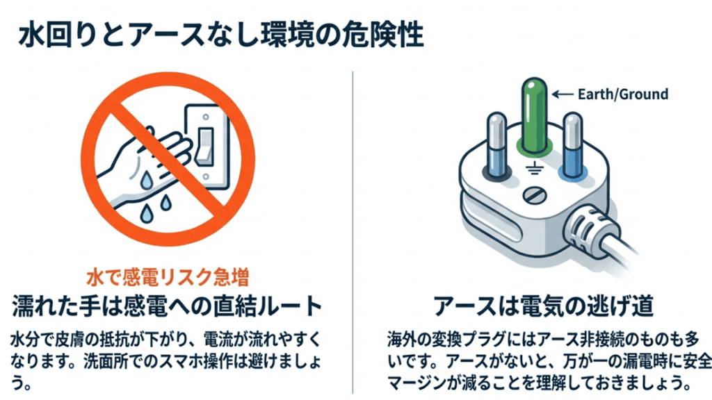 濡れた手での操作による感電リスクと、漏電時の安全な逃げ道となるアース（Ground）の重要性を示すイラスト。