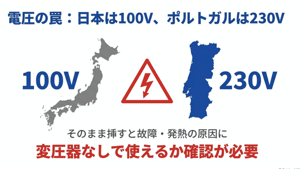 日本の100Vとポルトガルの230Vの差を示し、そのまま挿すと故障の原因になることを警告する図解。