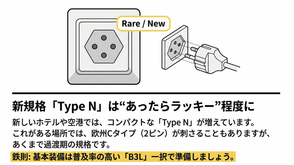 新規格Type Nの形状と、基本装備として普及率の高いB3Lを準備すべきという鉄則の解説。