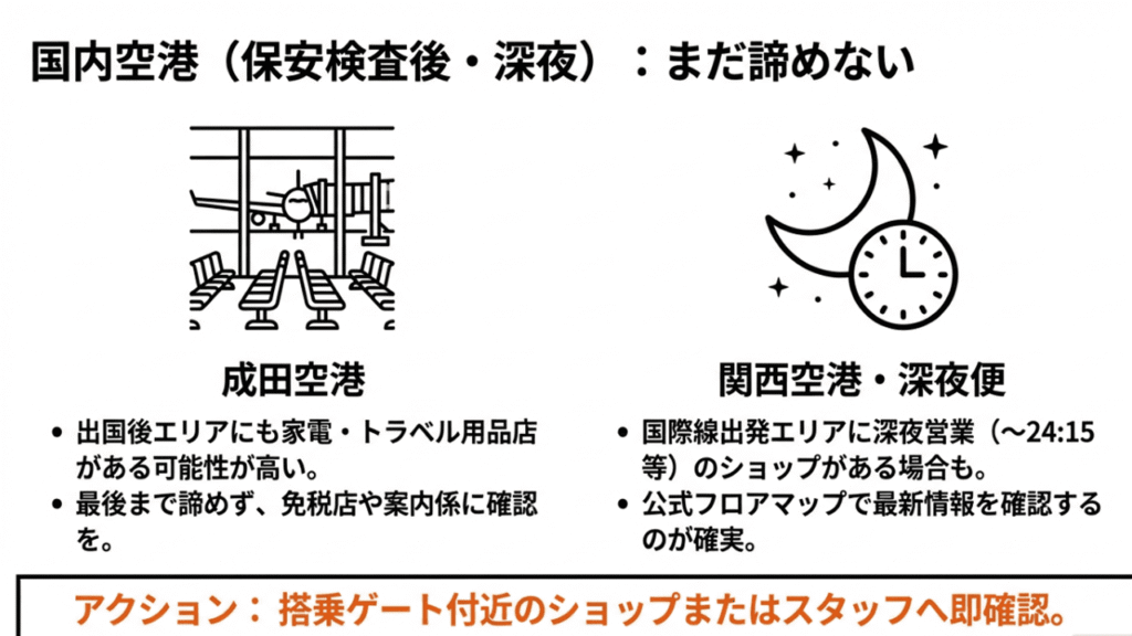 成田空港や関西空港で、保安検査通過後や深夜便でも諦めずにショップや案内係を確認するアクションをまとめたスライド。