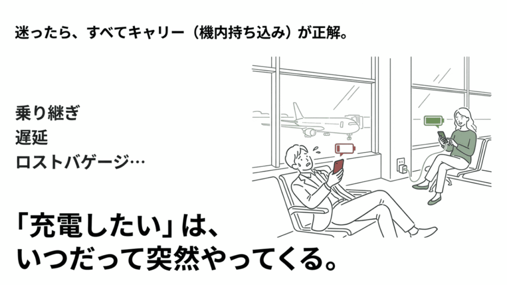 乗り継ぎや遅延時に空港でスマホを充電したくなるシーンと、機内持ち込みを推奨する理由のイラスト