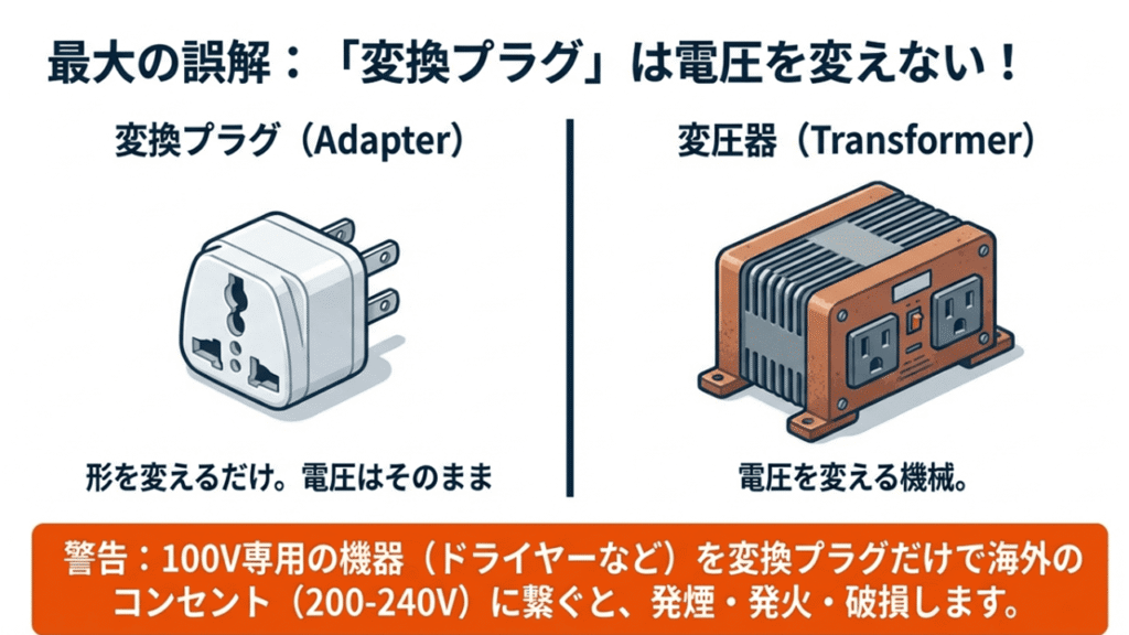 変換プラグは形を変えるだけ、変圧器は電圧を変える機械であるという決定的な違いを比較した図解。