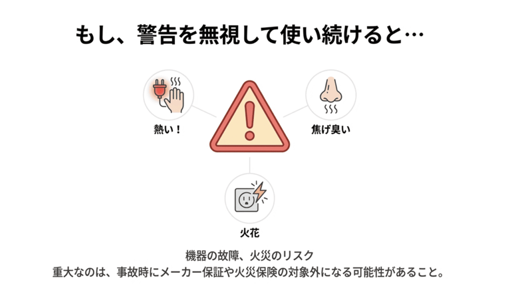 警告マークを中心に「熱い！」「焦げ臭い」「火花」の3つの異常サインのイラスト。機器の故障や火災リスク、保険対象外になる可能性への注意喚起。