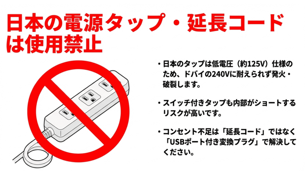 日本の低電圧用タップをドバイの240Vで使うと発火・破裂する危険があることを示す禁止マーク。