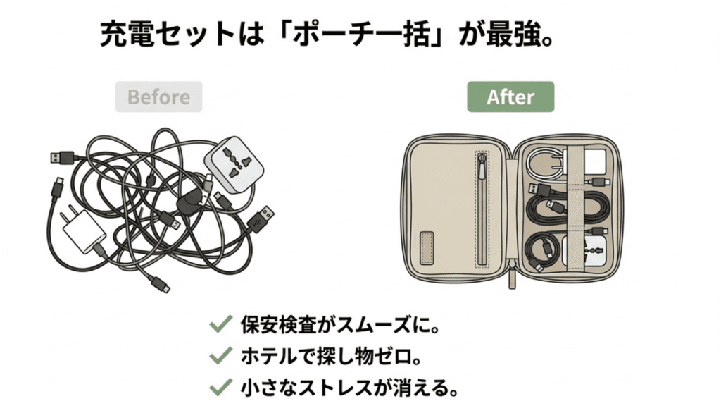 バラバラのケーブル類をポーチにまとめる前後の比較と、保安検査がスムーズになるメリットの紹介