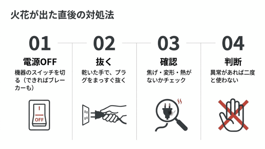 1.電源OFF、2.プラグを抜く、3.焦げや熱の確認、4.異常があれば二度と使わない、という事後対応の手順をイラストで説明 。