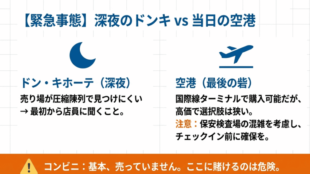 深夜のドン・キホーテ、当日の空港、コンビニそれぞれの利用メリットと注意点を比較した表。コンビニは基本売っていない旨の警告。