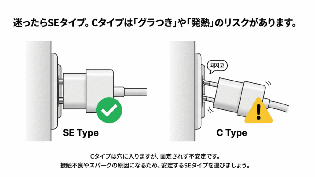 SEタイプは安定し、Cタイプはグラつきや接触不良のリスクがあることを示す比較イラスト。