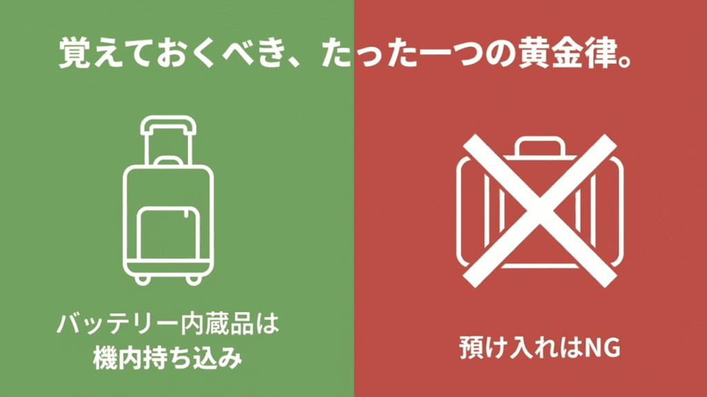 バッテリー内蔵品は機内持ち込みが必須で、預け入れ荷物に入れるのはNGであることを示すアイコン
