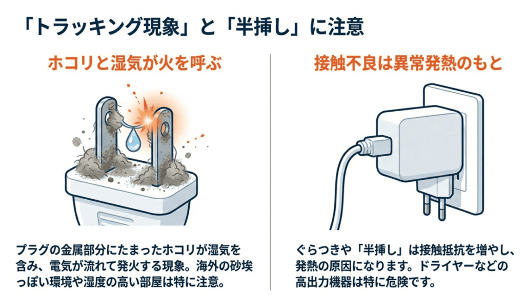 ホコリと湿気で電気が流れるトラッキング現象と、プラグの半挿しによる異常発熱のメカニズムを解説する図解。