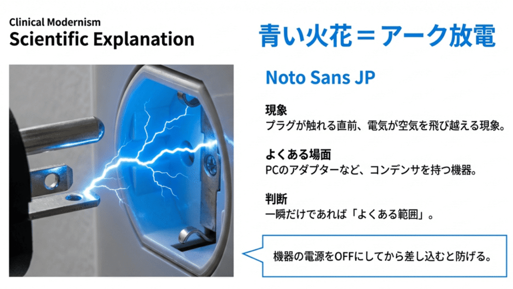 コンセントにプラグが触れる直前、電気が空気を飛び越えて青白く光る様子のイラスト。PCアダプター等でよくある現象で、一瞬なら問題ないことを説明 。