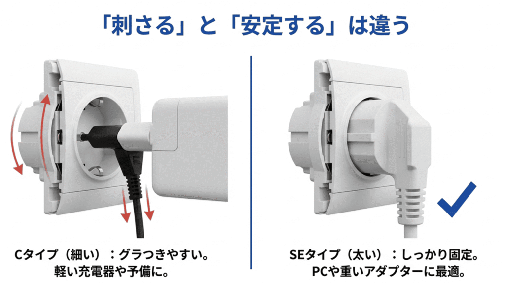 Cタイププラグはコンセント内でグラつきやすく、SEタイププラグは奥までしっかり固定される様子を比較したイラスト。