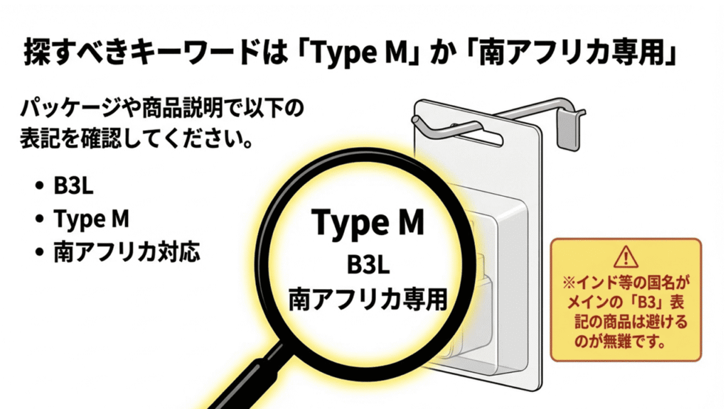 パッケージで確認すべき「B3L」「Type M」「南アフリカ専用」という表記の例。