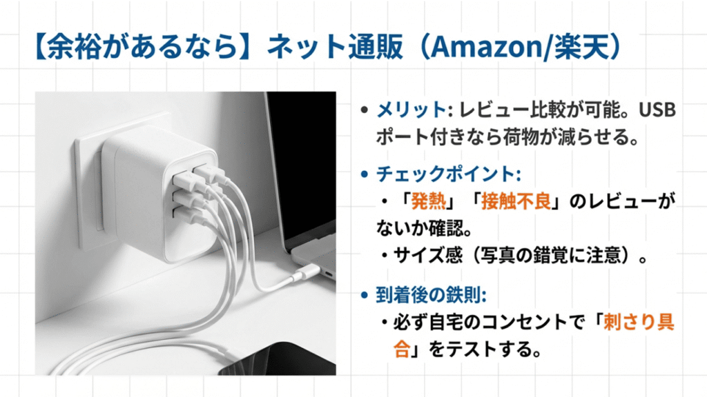 レビュー比較やUSBポート付きのメリット、発熱・サイズ確認のチェックポイント、自宅コンセントでの事前テストの推奨。