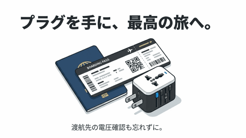航空券、パスポート、マルチ変換プラグのイラストと「渡航先の電圧確認も忘れずに」というメッセージ