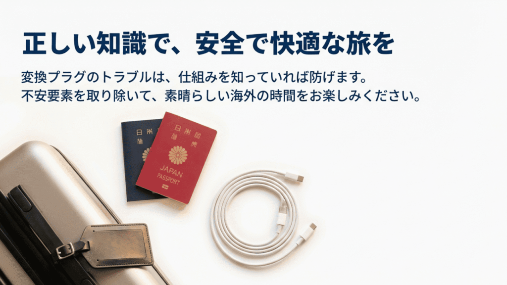 「正しい知識で、安全で快適な旅を」というメッセージと、日本のパスポートのイラスト。