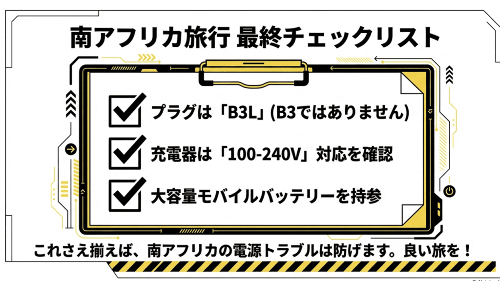 プラグ(B3L)、電圧対応(100-240V)、モバイルバッテリー持参の3点をまとめた最終確認用リスト。