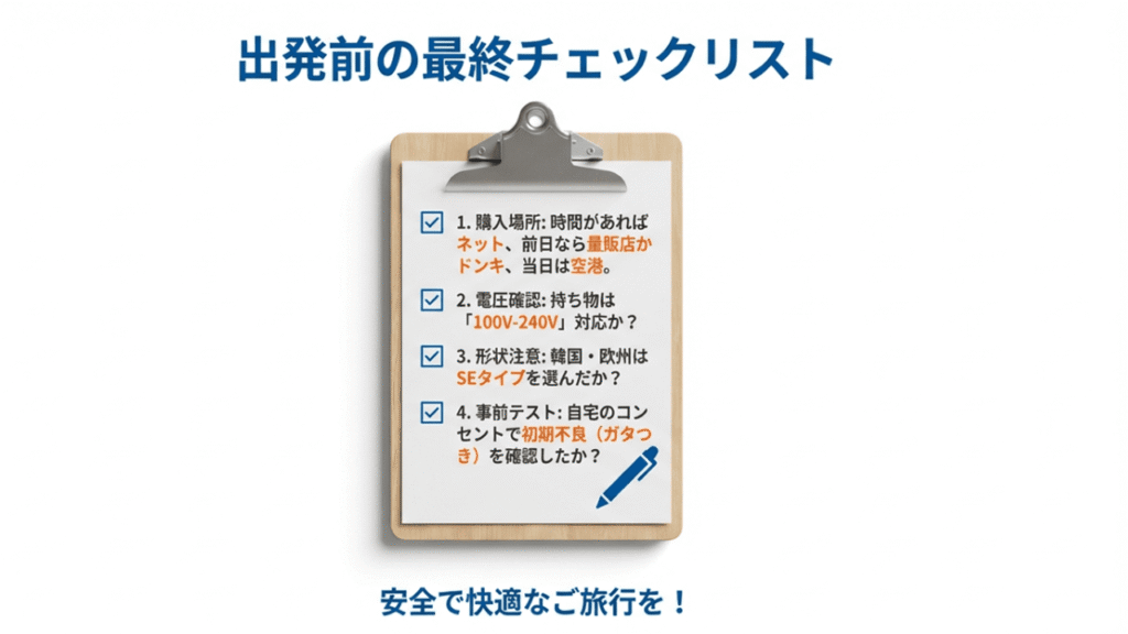 購入場所、電圧確認、形状（SEタイプ）、自宅での事前テストの4項目をまとめた、旅行出発前に確認すべきチェックリスト。