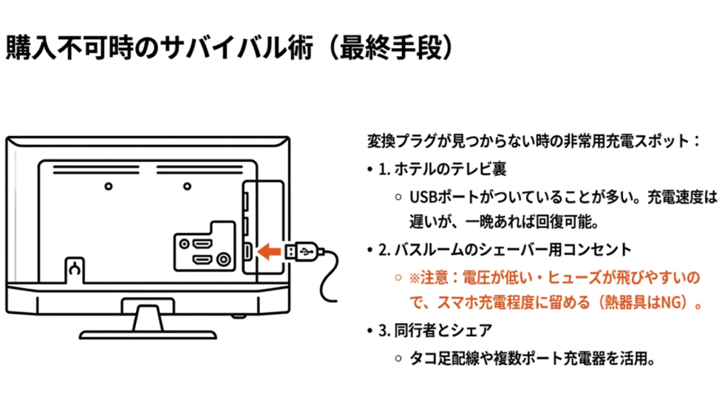 変換プラグが見つからない時の最終手段として、テレビ裏のUSBポートやバスルームのコンセント、同行者とのシェアを紹介。