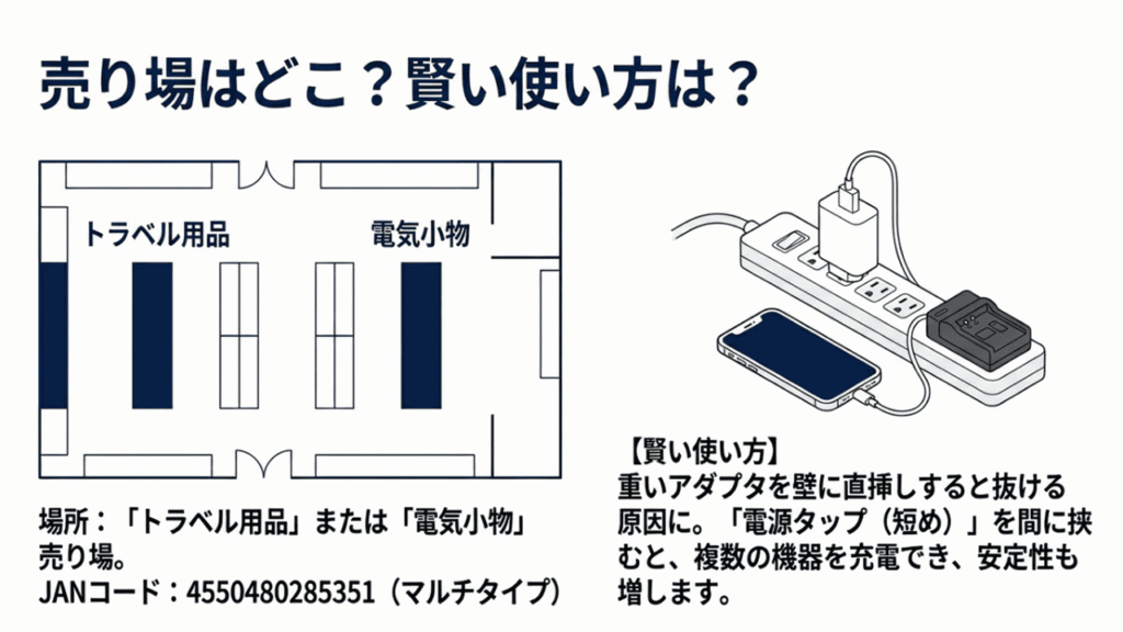 店内のトラベル用品・電気小物売り場の配置図と、電源タップを併用して安定させる使い方の図解。
