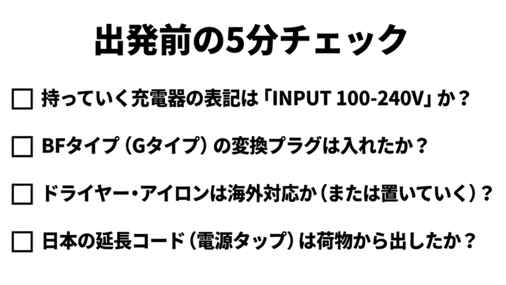 電圧表記、変換プラグの有無、ドライヤーの対応、電源タップの除外を確認する最終チェック項目。