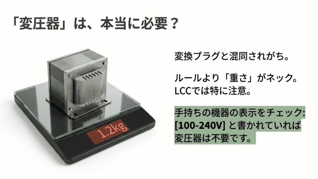 はかりに乗った1.2kgの重い変圧器と、電圧表記（100-240V）を確認して不要か判断するコツ