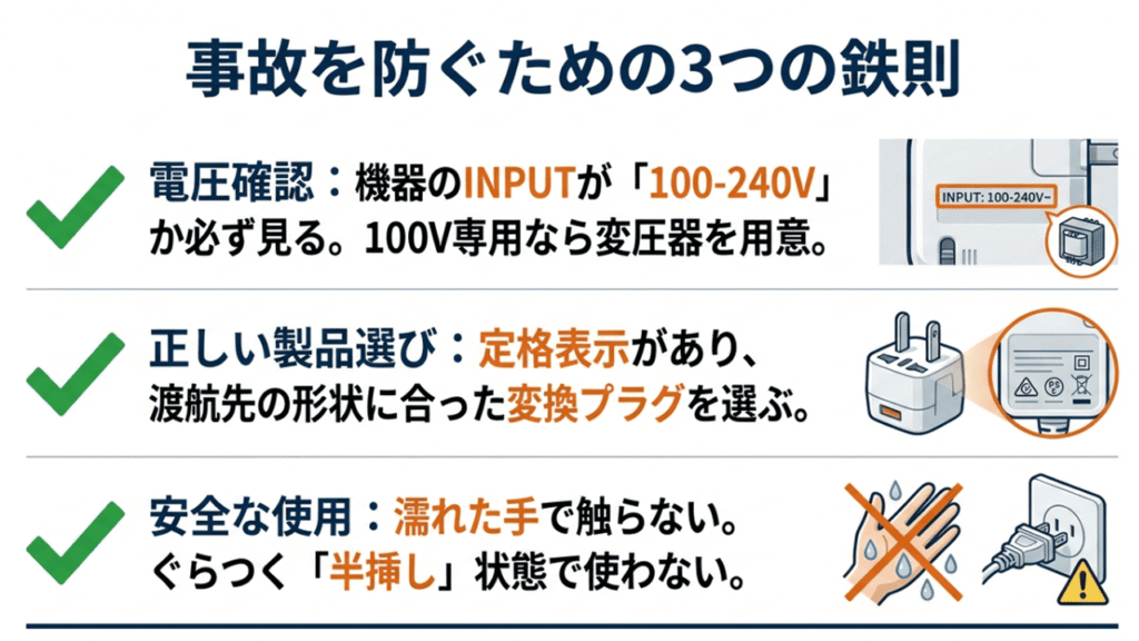 1.電圧確認（INPUT）、2.正しい製品選び（定格）、3.安全な使用（濡れた手や半挿しの禁止）のまとめ。