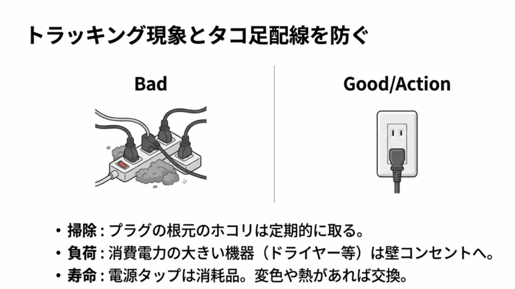 ホコリの溜まったタコ足配線（Bad）と、掃除され壁コンセントに直接差された状態（Good）の比較。定期的なホコリ除去を推奨 。